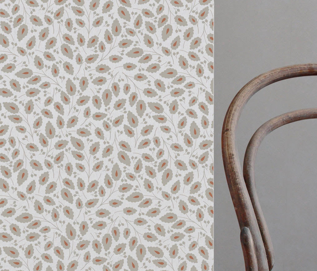 Goldie Terracotta-WHT - White curtain fabric with Orange botanical print