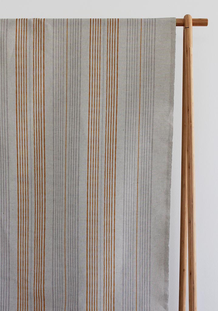 Else Terracotta - Linen Cotton mix curtain fabric, Orange & Grey stripes