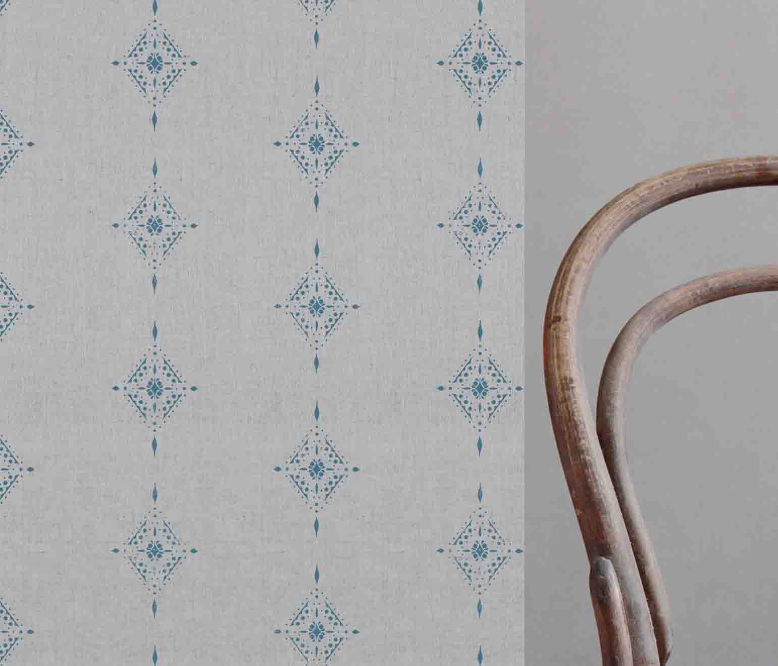 Kaisley True Blue - Natural curtain fabric with Light Blue Abstract print