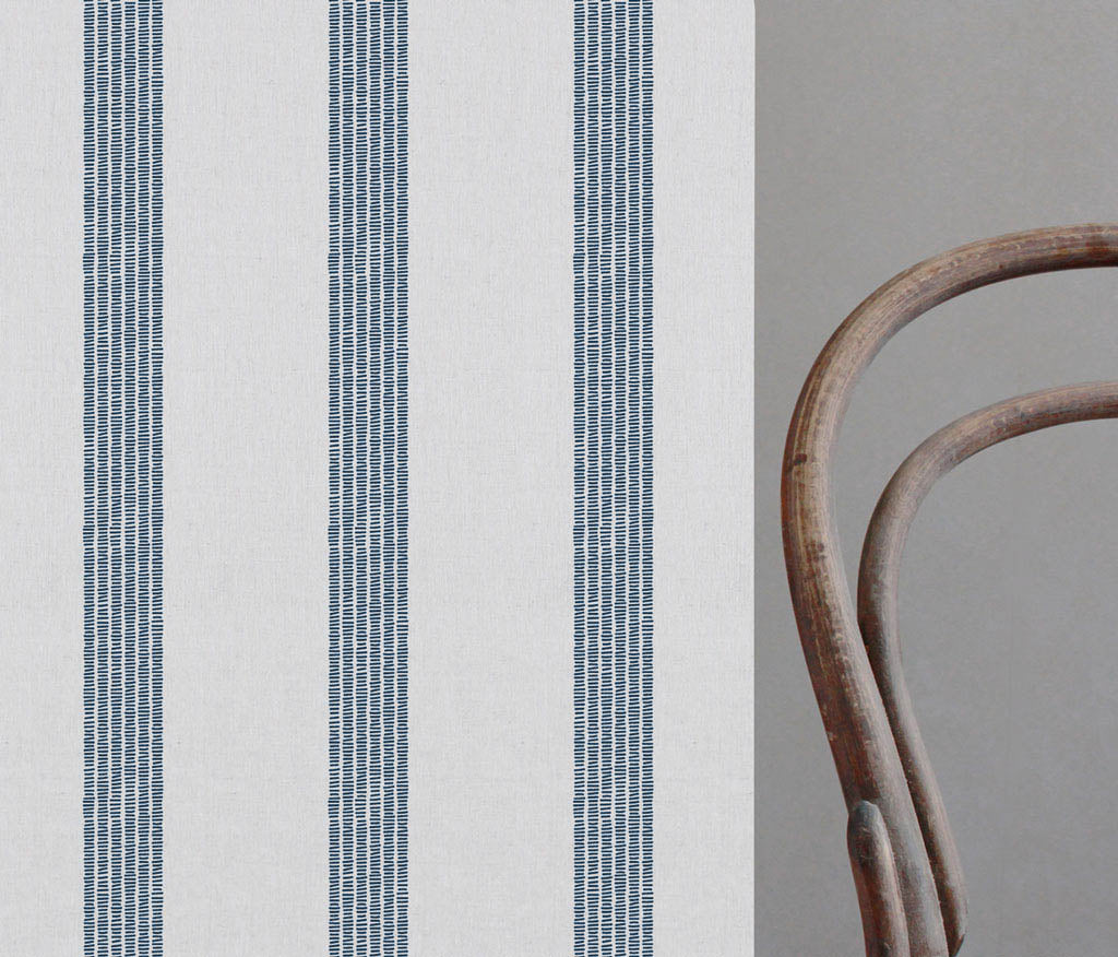 Sumi Ink-WHT - White curtain fabric with Blue Striped print