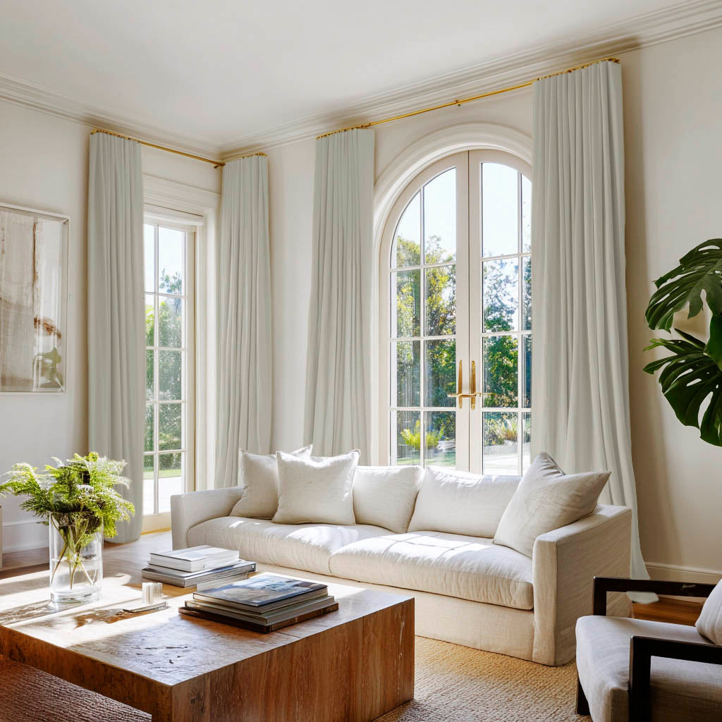 Living room decorated with two pairs of light grey cotton curtains
