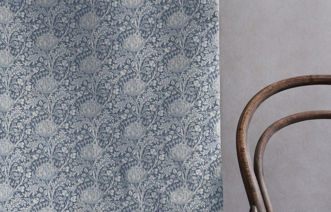 Katarina Agate Blue - White linen fabric with Blue floral print