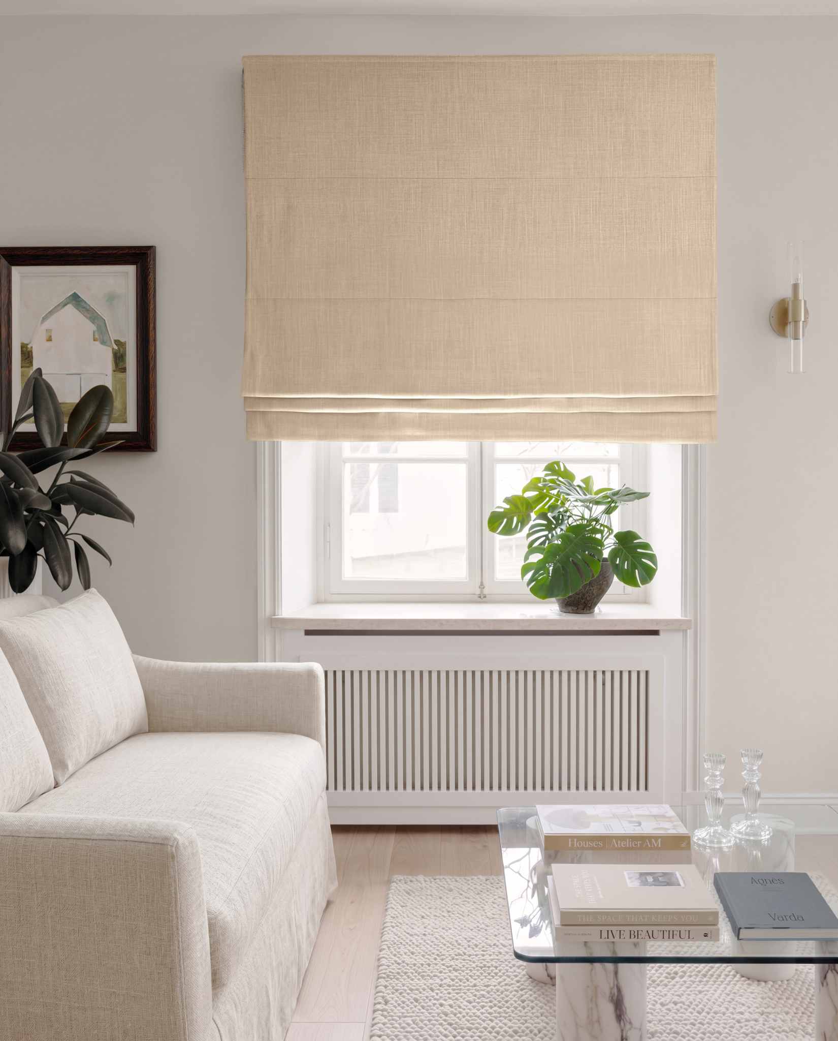 Beige Linen Roman blind blackout lined - pre-washed 100% linen. Bianco Wheat by Ada & Ina.