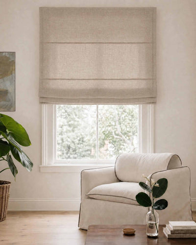 Beige Roman blind. Made of soft Linen Cotton fabric Enni Dusk Beige by Ada & Ina