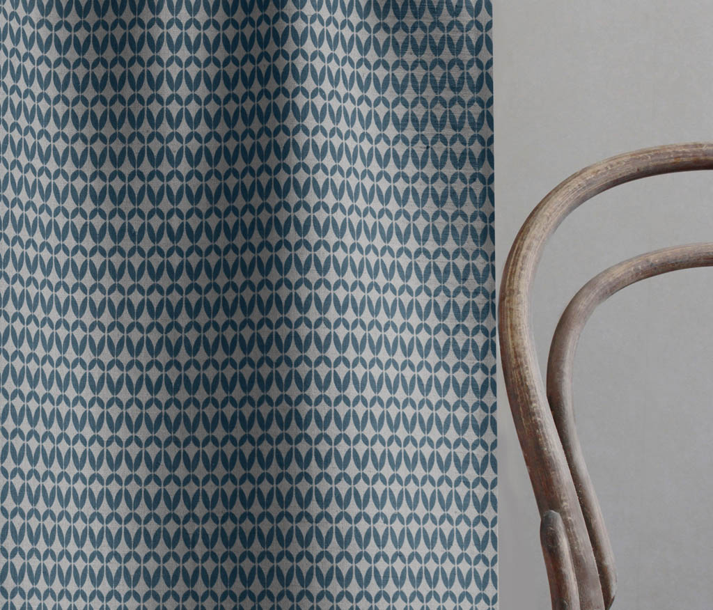 Siruna Blue Stone - Natural curtain fabric, Blue contemporary print