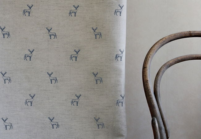 Deer Blue Stone - Curtain fabric with blue pattern of deers