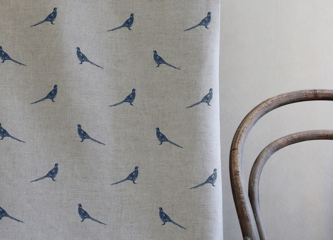 Pheasant Blue Stone - Curtain fabric with blue pattern of pheasants