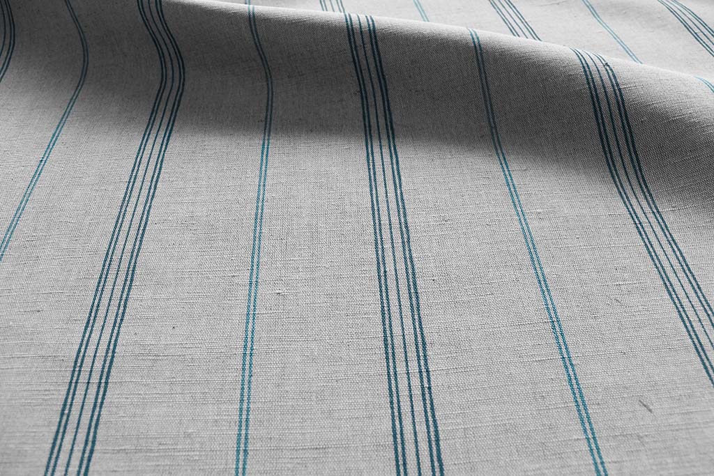 Elise Blue Stone- Linen Cotton mix curtain fabric, Blue Stone & Marine Blue stripes