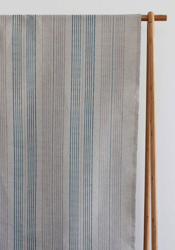 Blue Striped Linen Fabric - Else Blue Stone - Natural base fabric