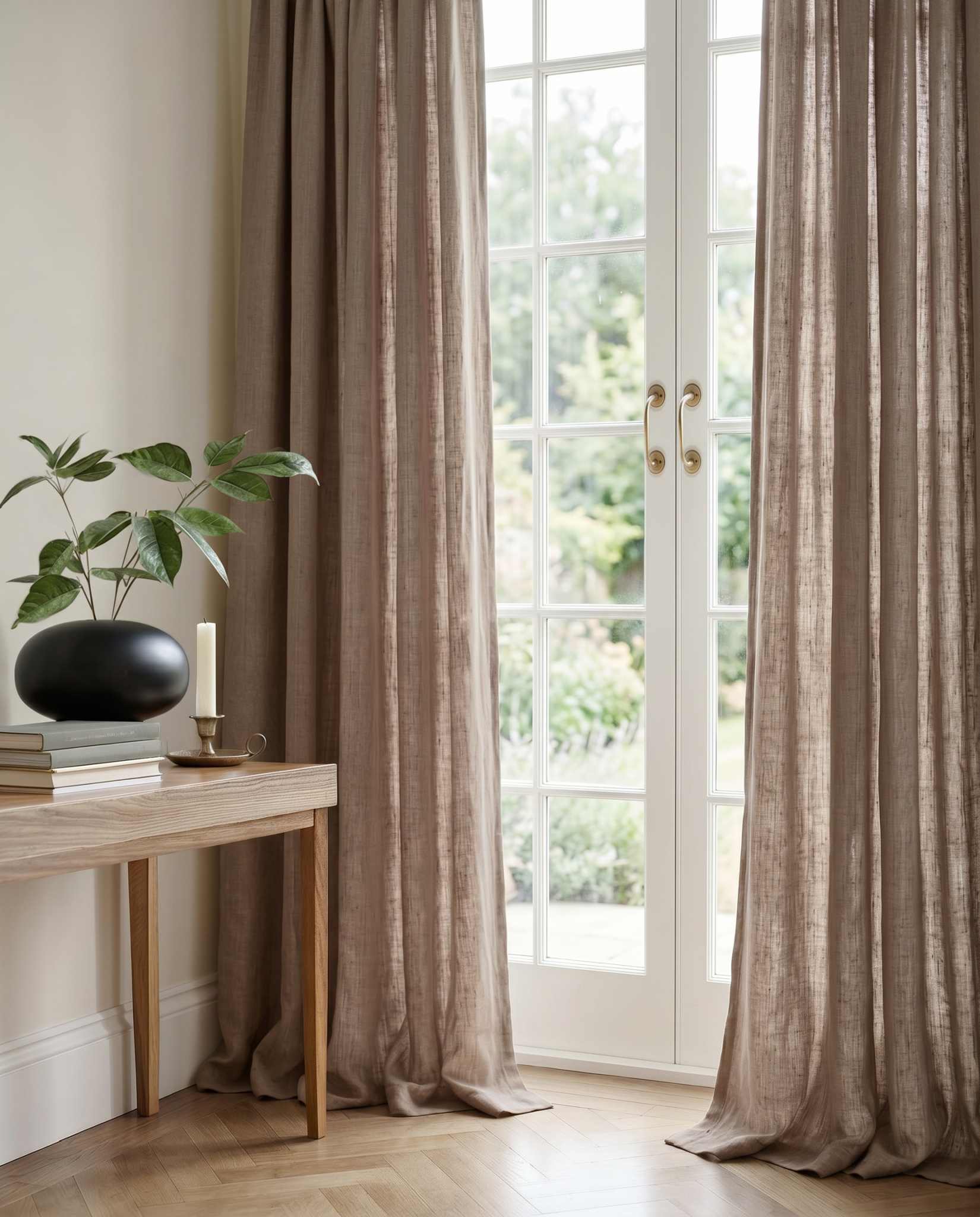 Brown 100% Linen Curtains with puddling