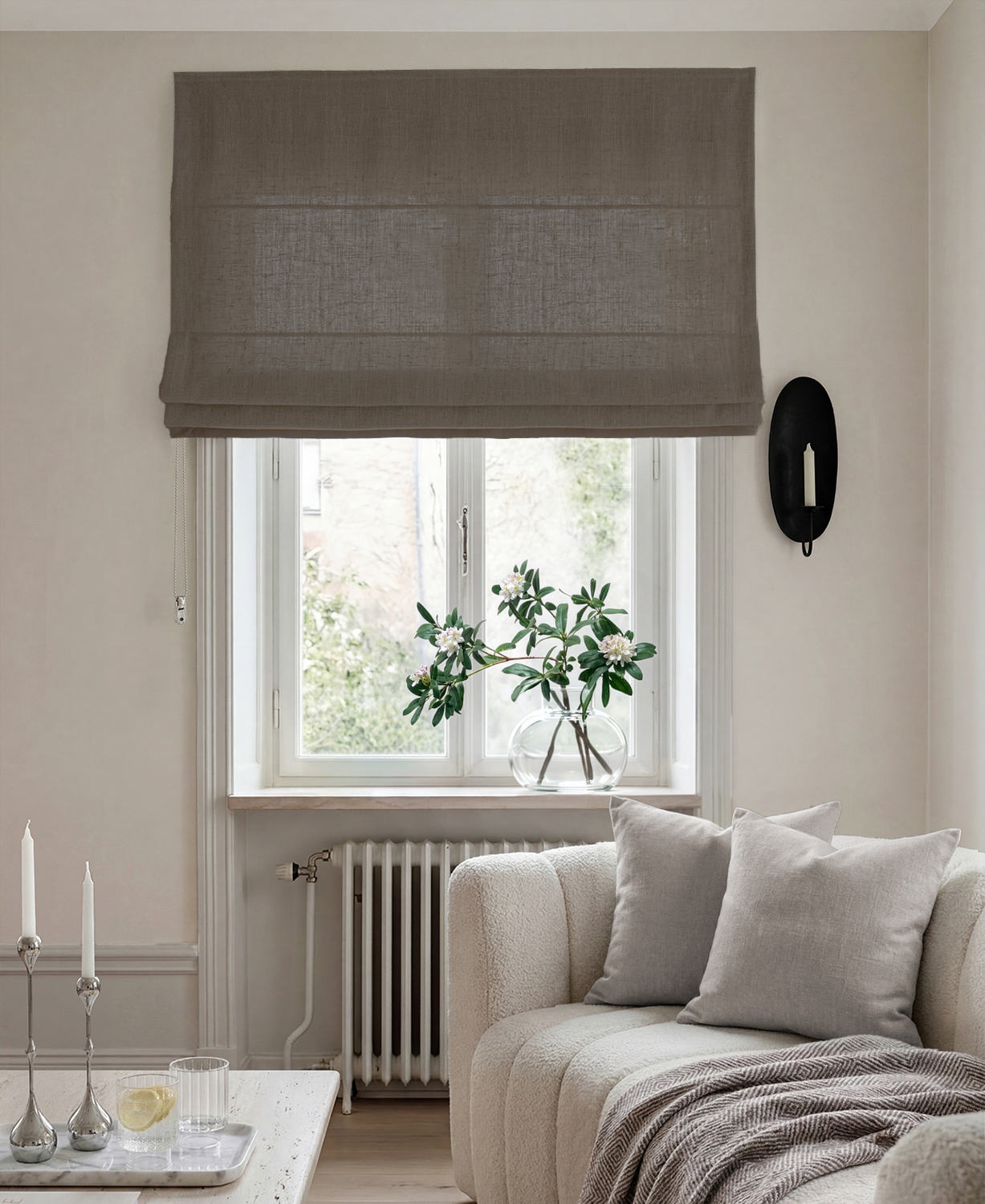 Brown 100% Linen Roman blind. Bea Cedar by Ada & Ina Fabrics