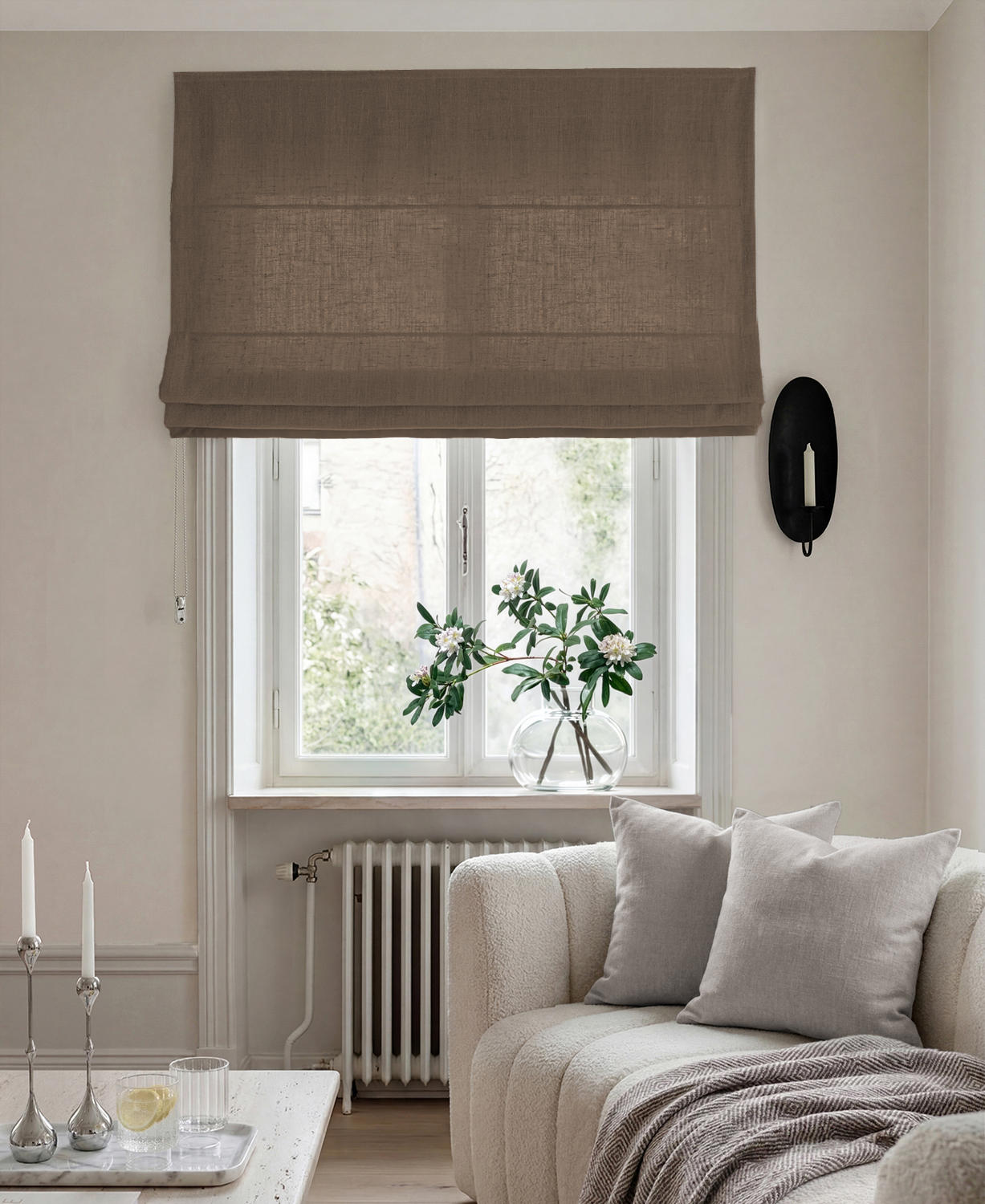 Brown 100% Linen Roman blind. Bea Chestnut by Ada & Ina Fabrics