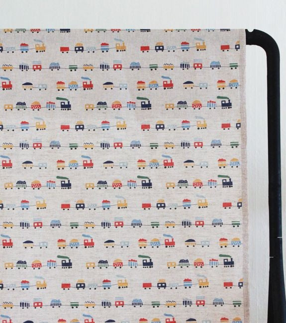 Bruno Navy - Natural fabric, Blue train pattern - Kids print!