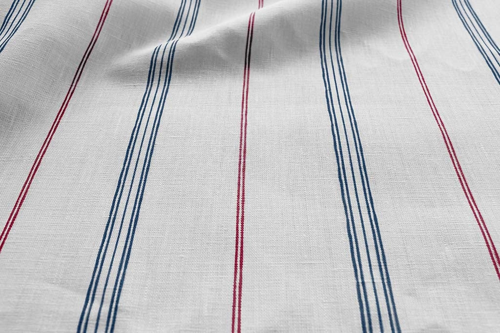 Elise Red-Ink-WHT - Linen curtain fabric, Red & Blue stripes