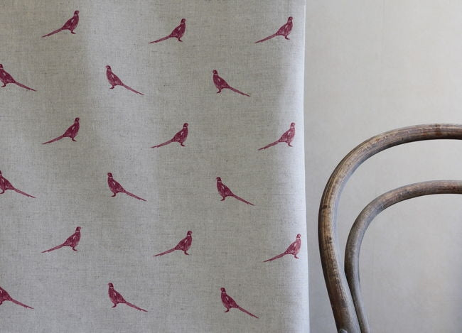 Pheasant Cherry - Curtain fabric with red pattern of pheasants