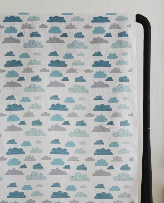 Cloud Dreams Blue - White Linen fabric, Blue cloud pattern - Kids print!