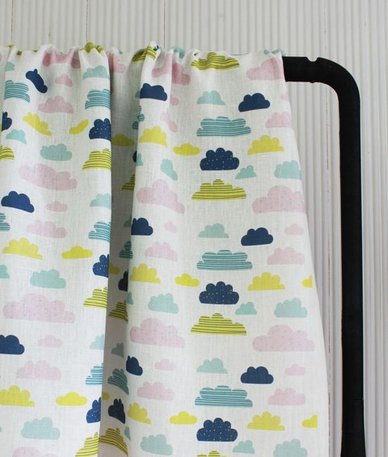 Cloud Dreams Circus - White Linen fabric, colourful cloud pattern - Kids print!