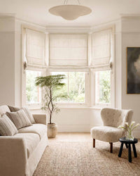 Cream Linen Bay window roman blinds for Living room and bedroom. Lined. Greta Oyster.