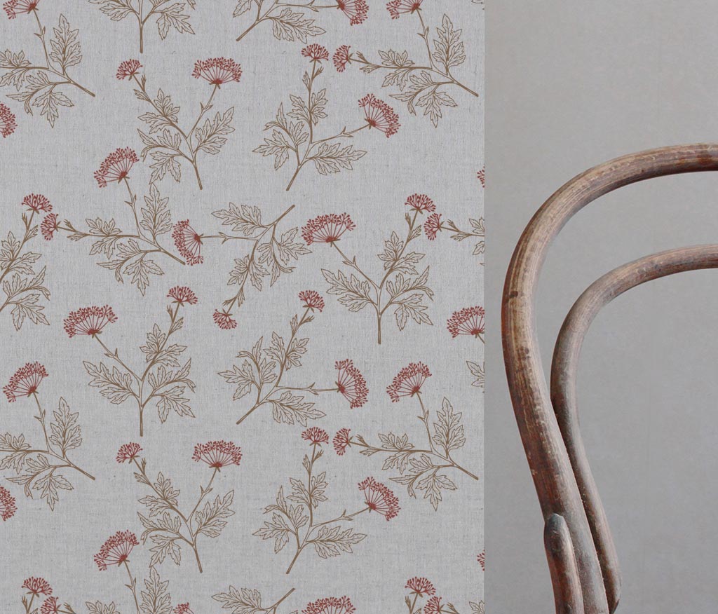 Emmy Crimson Red - Natural fabric with botanical Red and Brown print