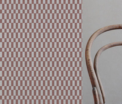 Sunni Crimson Red - Natural curtain fabric with Red Checkered print