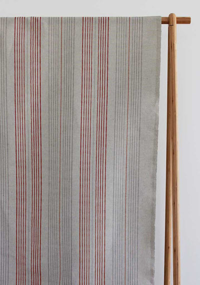 Else Crimson Red -  Linen Cotton mix curtain fabric, Red & Grey stripes