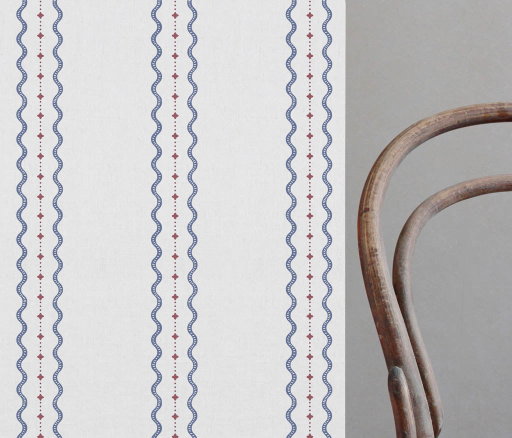 Daphne Red Ink-WHT - White fabric with Red and Blue Print. Abstract Print, Linen Mix