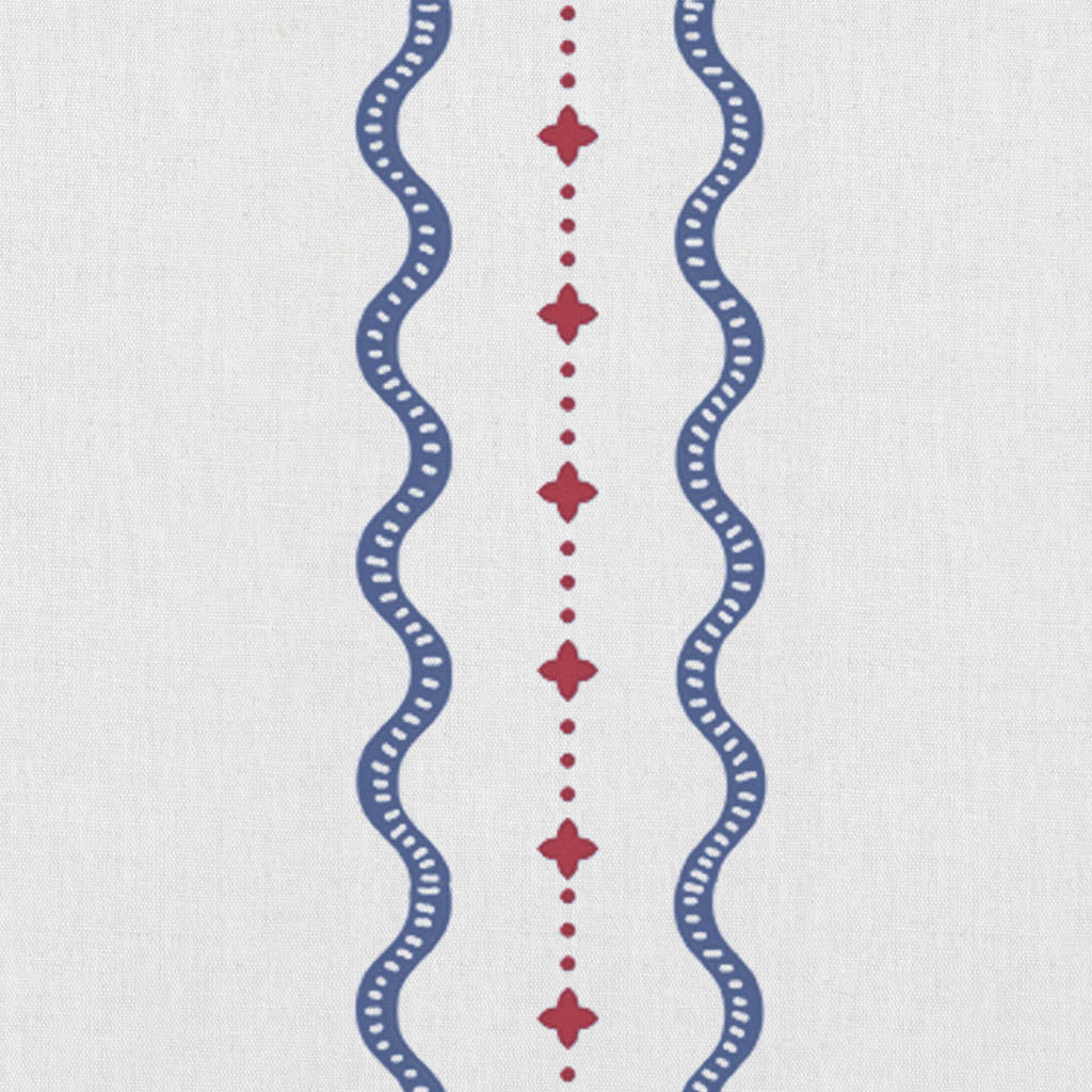 Daphne Red Ink-WHT - White fabric with Red and Blue Print. Abstract Print, Linen Mix