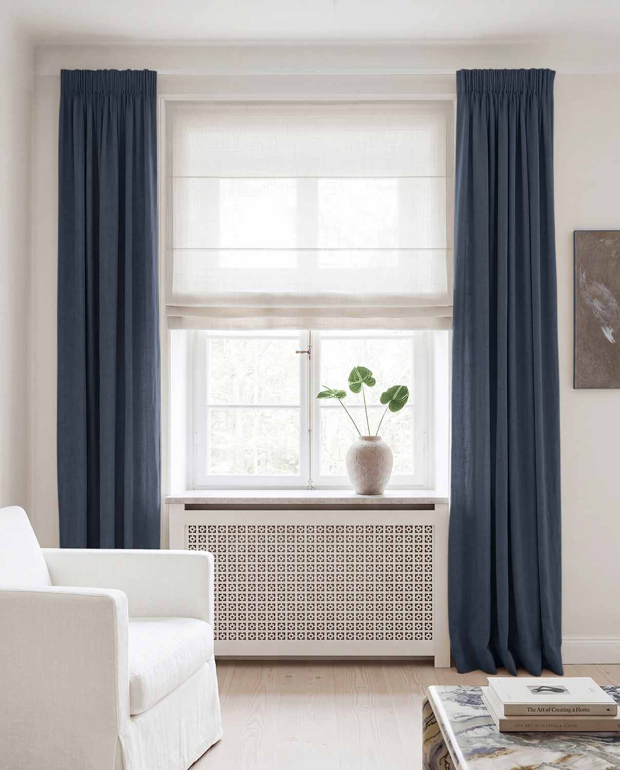Dark Blue Linen curtains blackout lined - pre-washed linen. Bianco Navy by Ada & Ina.