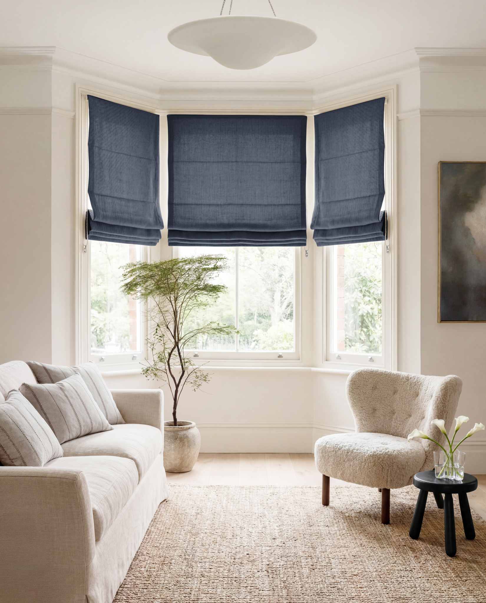Dark Blue Linen Bay window roman blinds for Living room and bedroom. Lined. Greta Midnight.