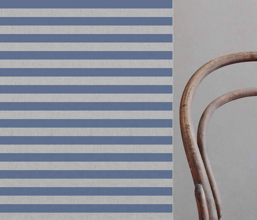 Della Denim - Natural linen mix curtain fabric, Blue horizontal  stripes