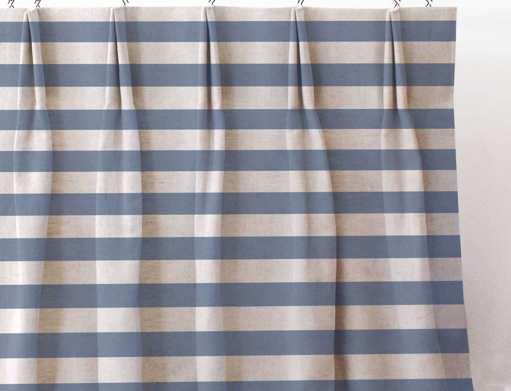 Della Denim - Natural linen mix curtain fabric, Blue horizontal  stripes