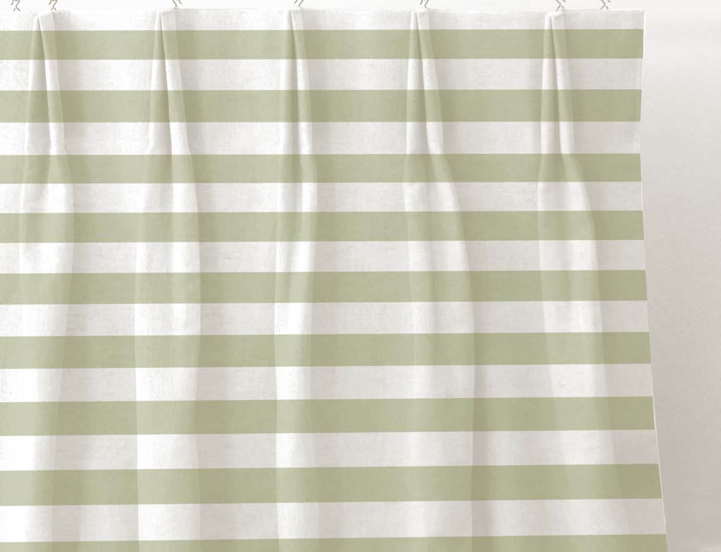 Della Moss-WHT - Linen curtain fabric, Green horizontal  stripes