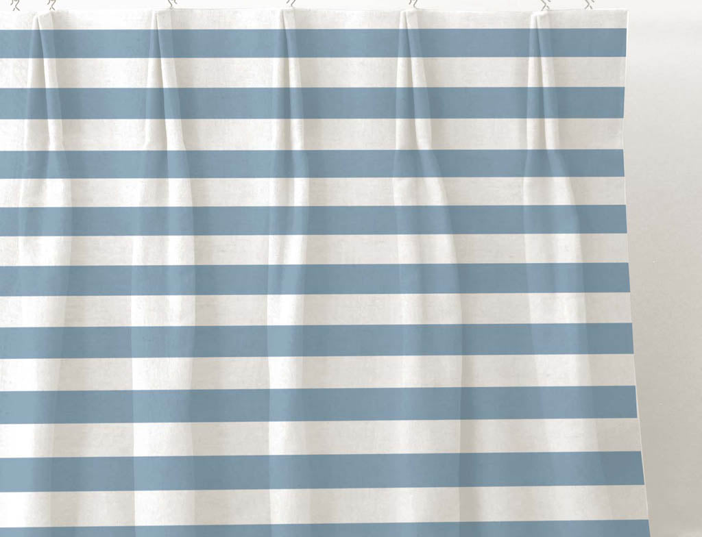 Della Paris Blue-WHT - Linen curtain fabric, Blue horizontal  stripes