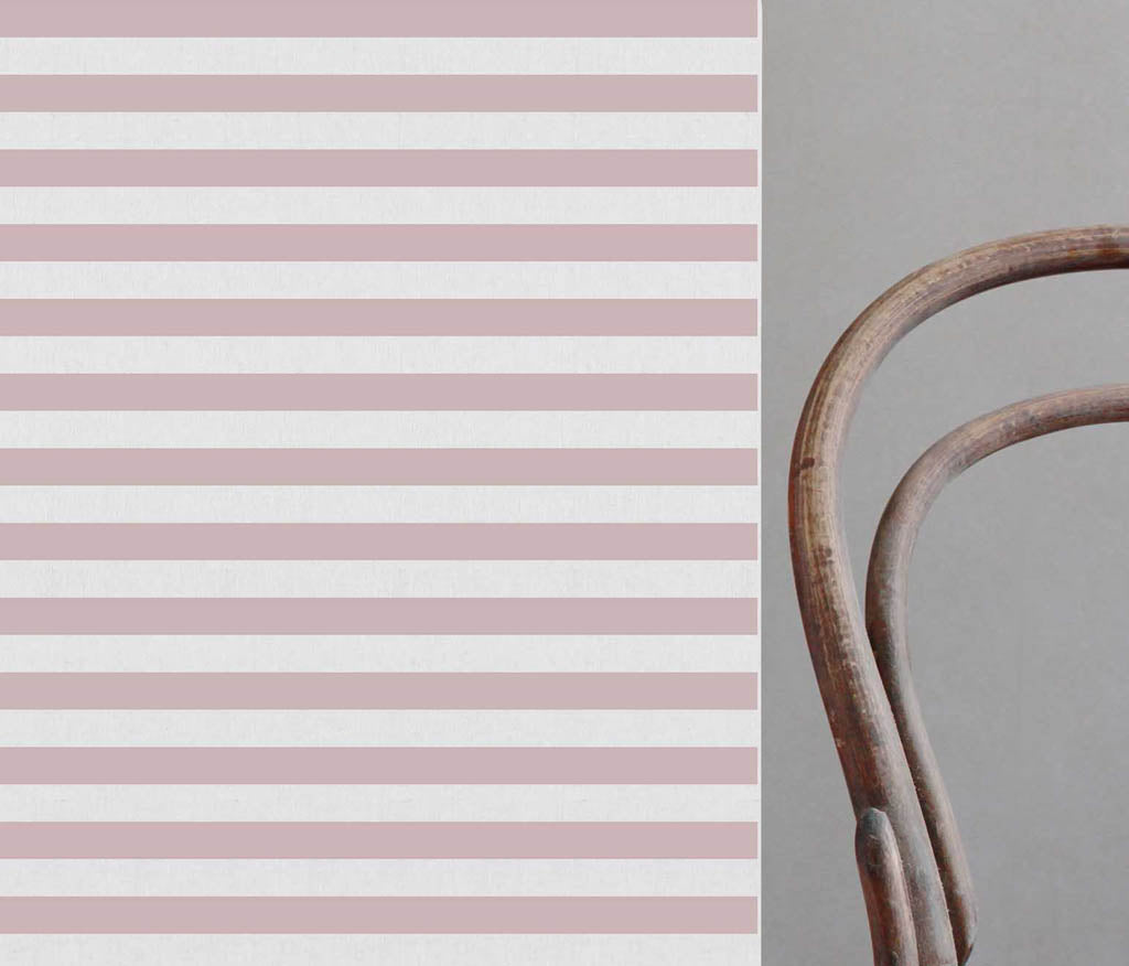 Della Peony-WHT - Linen curtain fabric, Pink horizontal  stripes