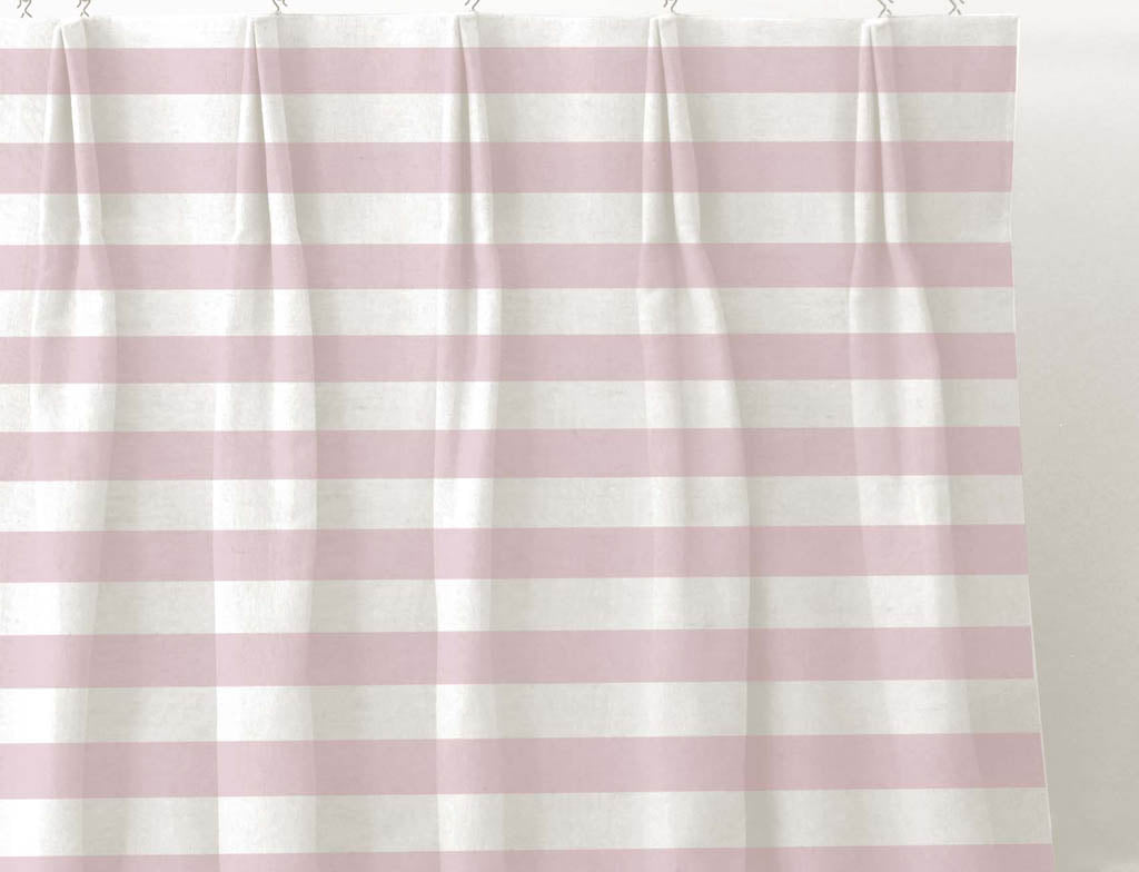Della Peony-WHT - Linen curtain fabric, Pink horizontal  stripes
