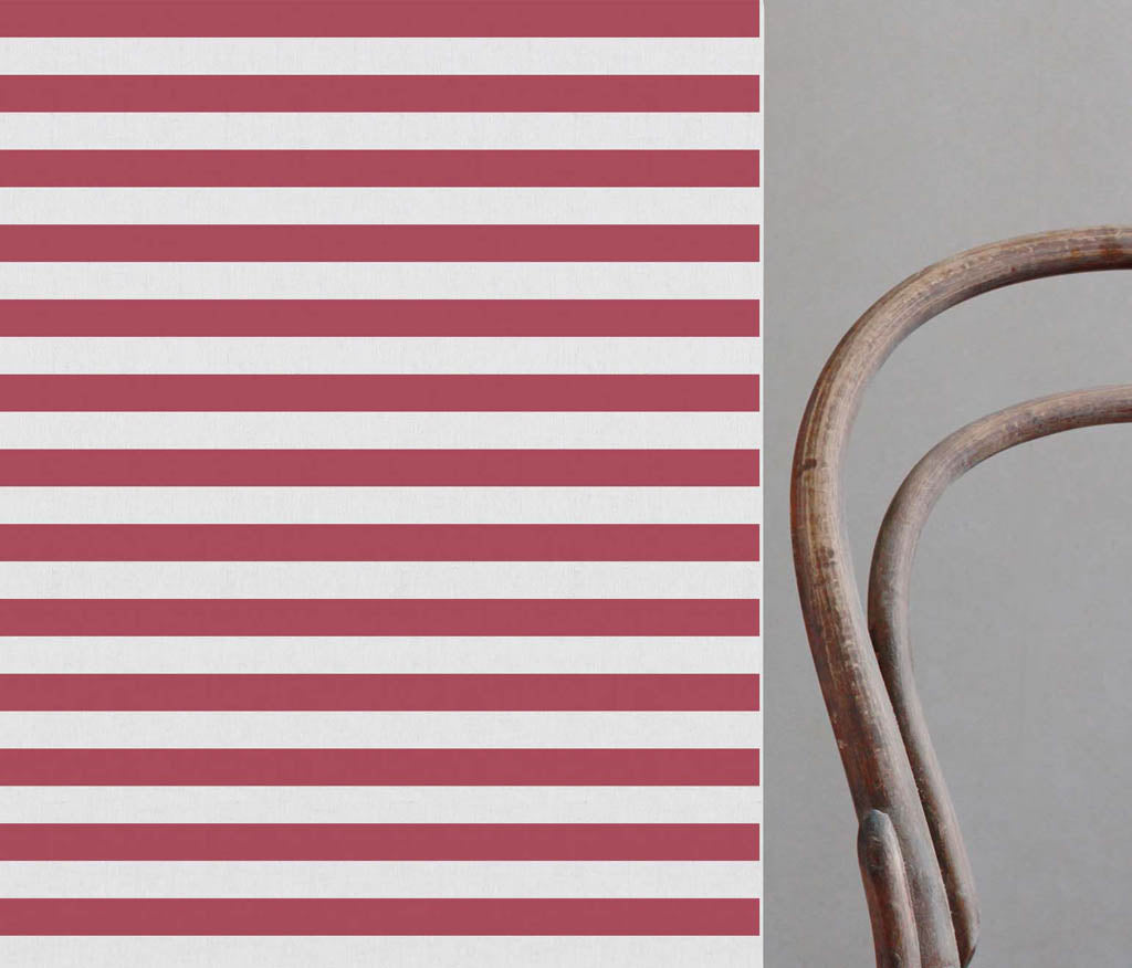Della Wine-WHT - Linen curtain fabric, Red horizontal  stripes