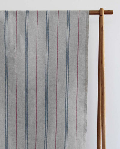 Elise Denim-Cherry - Linen Cotton mix curtain fabric, Red & Blue stripes