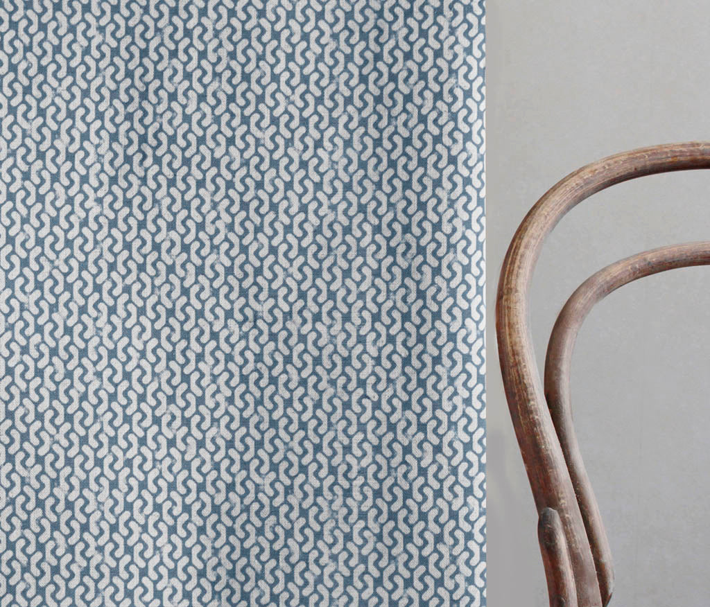 Arina Denim - Natural curtain fabric, Blue abstract print