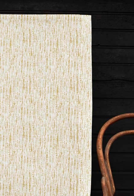 Dora-WHT-Dijon - White fabric with Mustard Abstract Print, 100% Linen