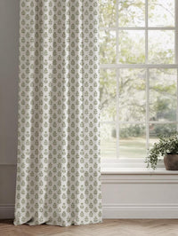 Green Floral Linen Curtain - Doris Moss-WHT - White base fabric.