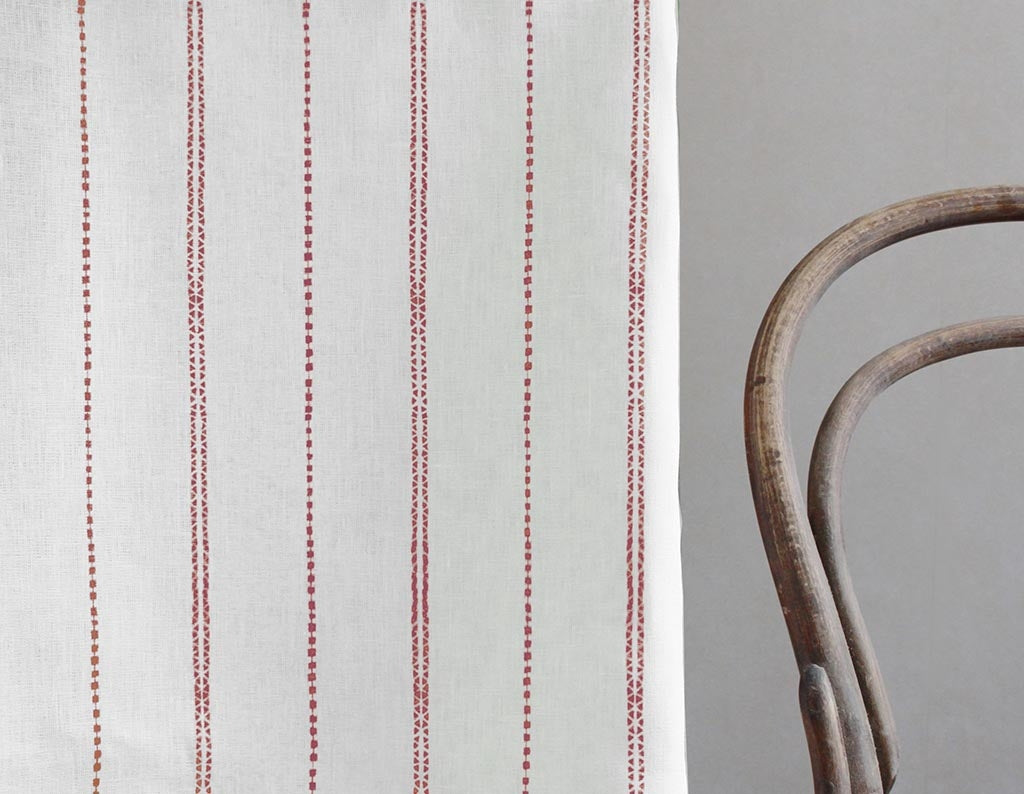 Inga Red - White fabric with Red decorative stripes, 100% Linen