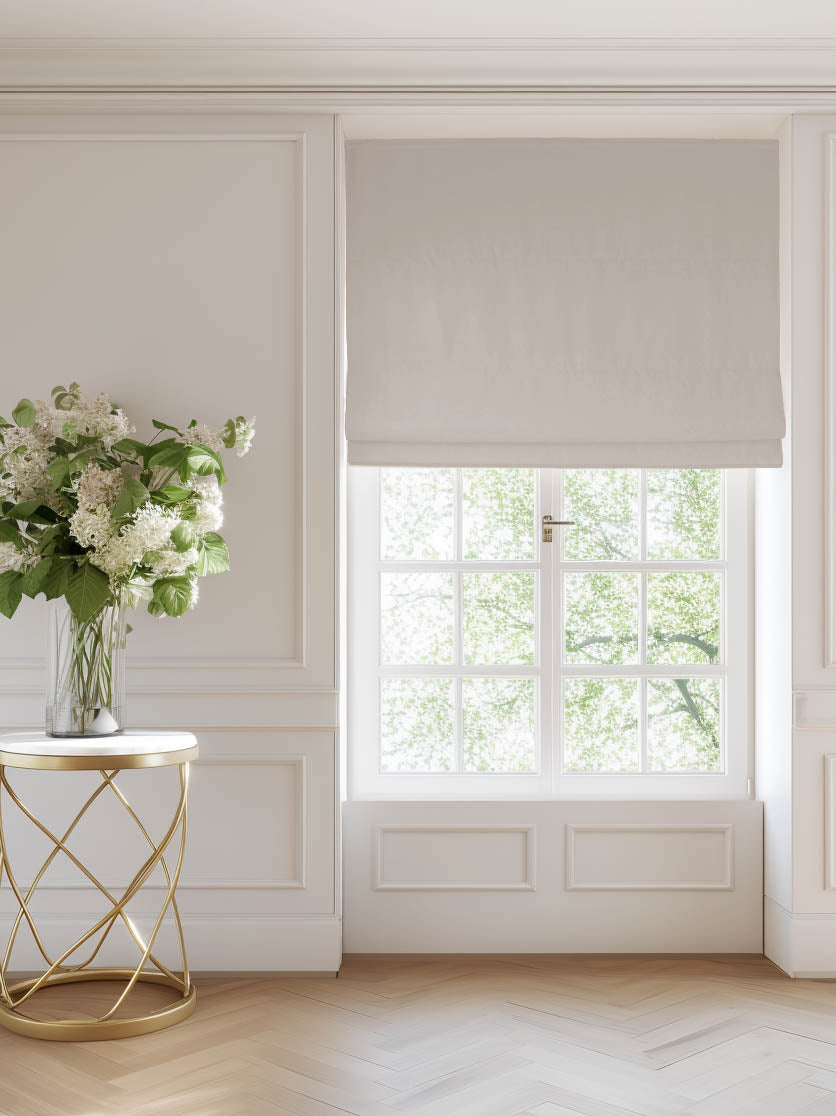Light grey roman blind made of Anna Dusty Grey cotton fabric 