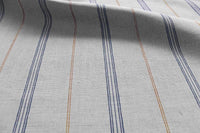 Elise Blue Ochra - Linen Cotton mix curtain fabric, Blue & Orange stripes