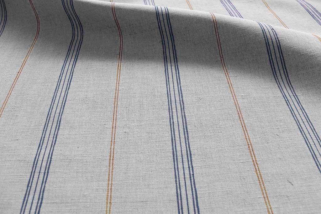 Elise Blue Ochra - Linen Cotton mix curtain fabric, Blue & Orange stripes