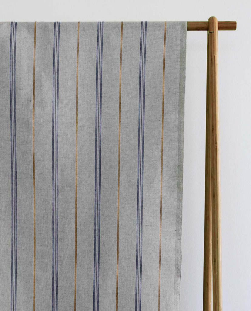 Elise Blue Ochra - Linen Cotton mix curtain fabric, Blue & Orange stripes