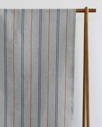 Elise Blue Terracotta - Linen Cotton mix curtain fabric, Blue & Orange stripes