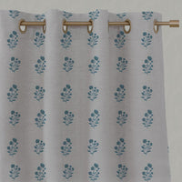 Blue Floral Linen Eyelet Curtain - Cherie Blue Stone - Natural base fabric.