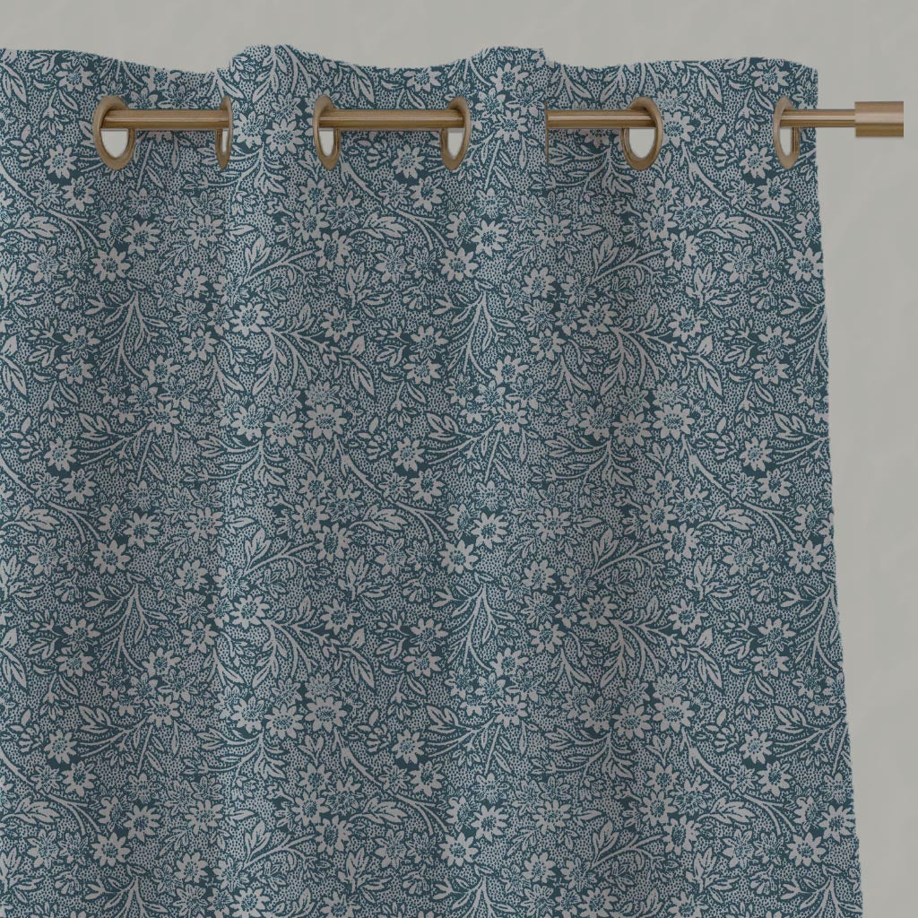 Blue Floral Linen Eyelet Curtain - Cheye Blue Stone - Natural base fabric.