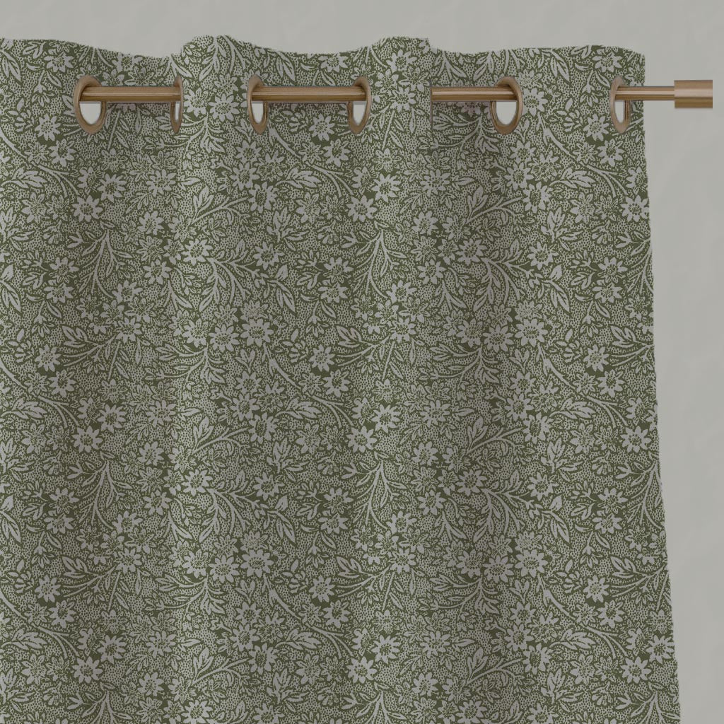 Green Floral Linen Eyelet Curtain - Cheye Khaki - Natural base fabric.