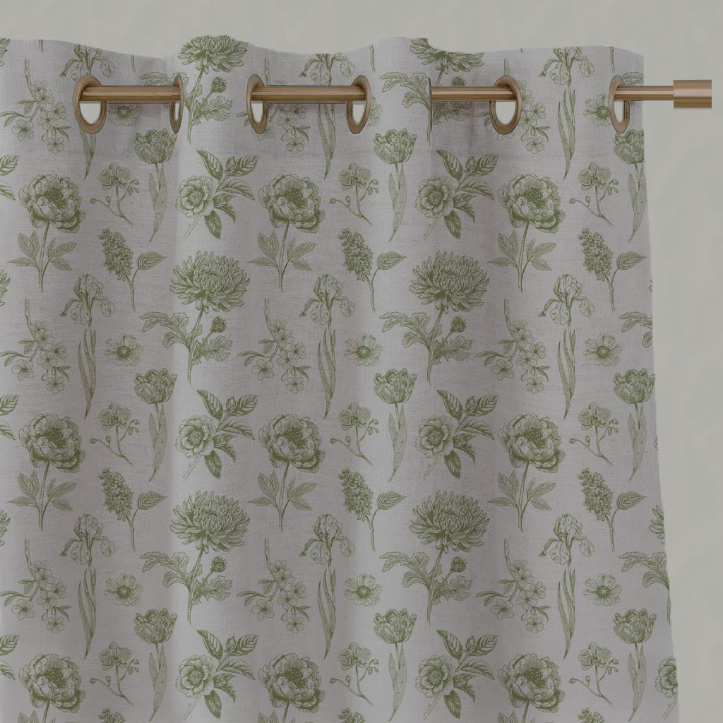 Green Floral Linen Eyelet Curtain - Cirian Khaki - Natural base fabric.